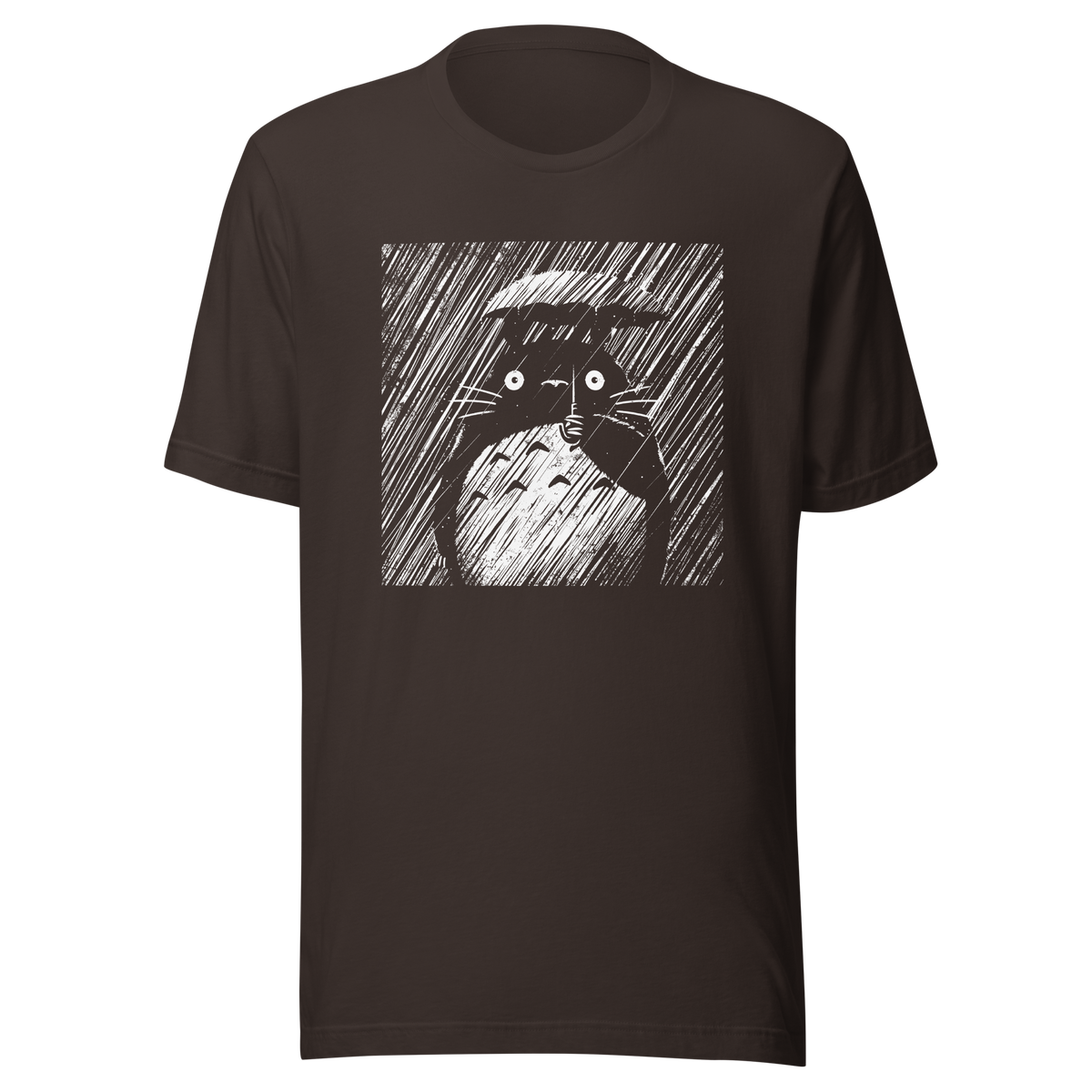 A large forest spirit stands still in the rain, holding a tiny umbrella while soaking in the storm. This black and white design captures a quiet, emotional moment with a vintage, textured style.
