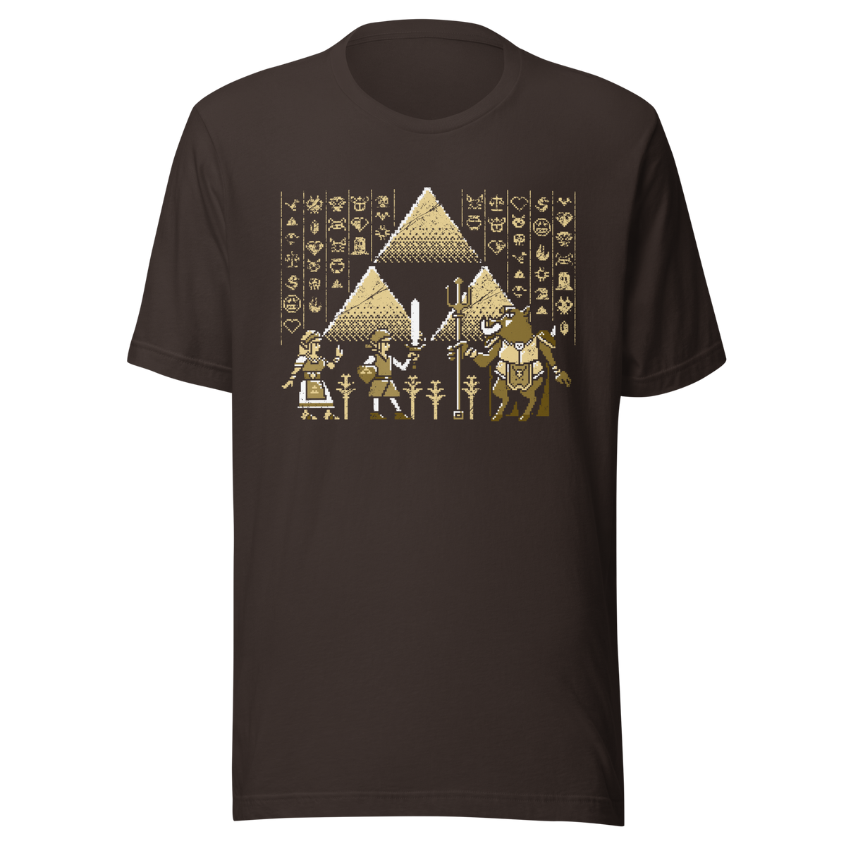 A pixel-style hero, princess, and beast clash in front of golden pyramids and mysterious symbols. This retro fantasy design blends ancient power with classic 8-bit vibes — perfect for old-school adventurers.