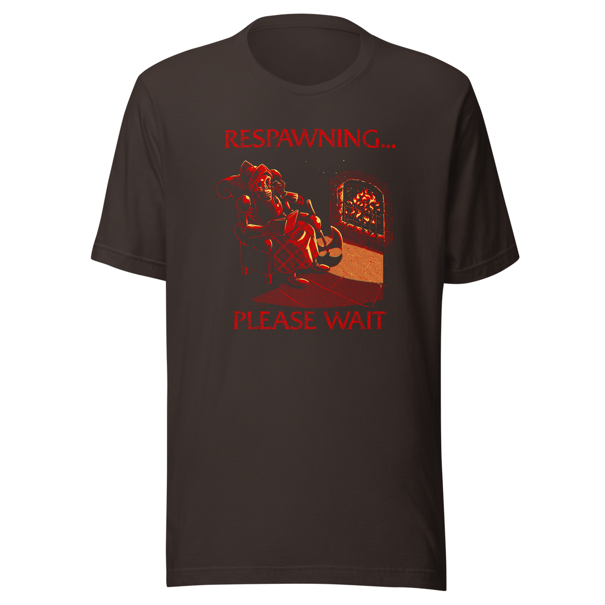 A skeleton warrior rests by the fireplace, sipping tea and reading while waiting to respawn. With cozy lighting and dark humor, this design is made for gamers who know death is just a short break.