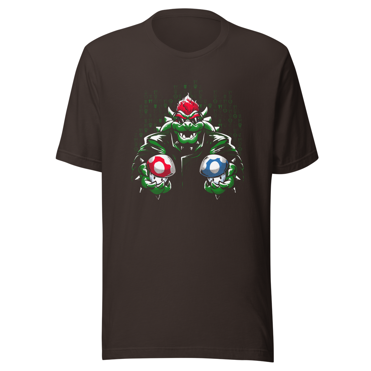 A fierce green fantasy creature with a red crest holds two colorful mushroom-like objects against a digital backdrop. Bold comic-style artwork, vivid contrasts, and a playful retro-gaming aesthetic create a powerful and energetic design.