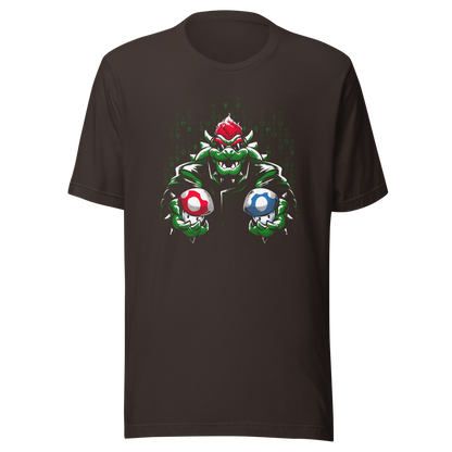 A fierce green fantasy creature with a red crest holds two colorful mushroom-like objects against a digital backdrop. Bold comic-style artwork, vivid contrasts, and a playful retro-gaming aesthetic create a powerful and energetic design.
