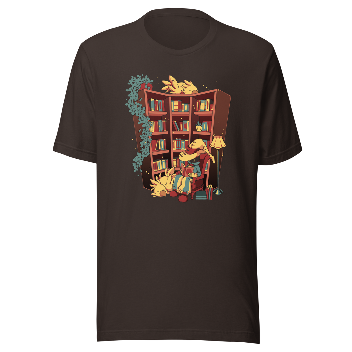 A cozy fantasy library depicts a mysterious reader in a wide-brimmed hat, surrounded by books, the light of a lamp, hanging plants, and small bird-like creatures. The illustration conveys tranquil reading, comfort, and magical escapism.