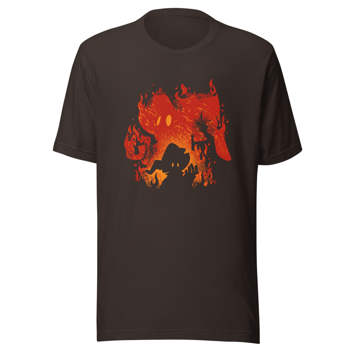 The silhouette of a character wearing a pointed hat emerges against a backdrop of their own shadow engulfed in flames, featuring a weathered texture. A striking design that evokes dark fantasy, magic, and fire.