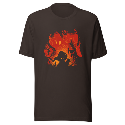 The silhouette of a character wearing a pointed hat emerges against a backdrop of their own shadow engulfed in flames, featuring a weathered texture. A striking design that evokes dark fantasy, magic, and fire.