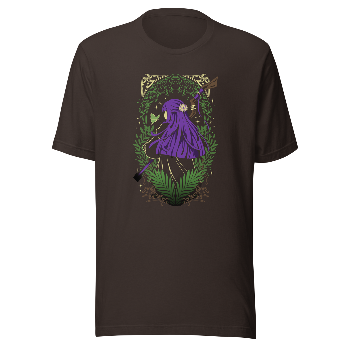 A character with long purple hair and a floral hair ornament stands facing away, holding a wooden staff. Green ferns, leafy branches, a butterfly, and decorative golden patterns surround the figure.