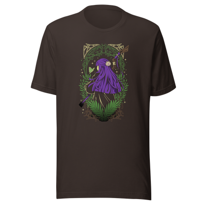 A character with long purple hair and a floral hair ornament stands facing away, holding a wooden staff. Green ferns, leafy branches, a butterfly, and decorative golden patterns surround the figure.