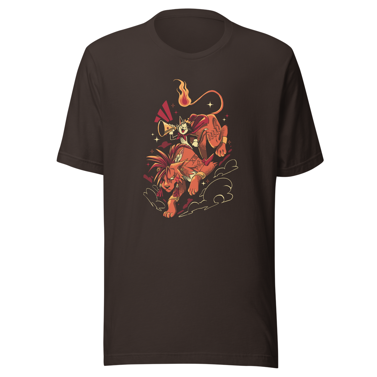 A fierce orange beast with spiky hair carries a small horn-blowing character in a red cape. A curling flaming tail, dramatic motion lines, stars, and swirling clouds create a bold fantasy adventure illustration.