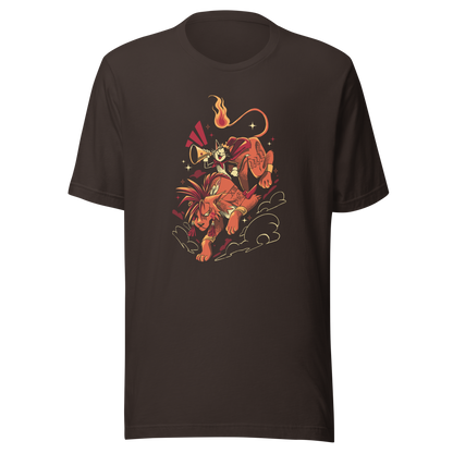 A fierce orange beast with spiky hair carries a small horn-blowing character in a red cape. A curling flaming tail, dramatic motion lines, stars, and swirling clouds create a bold fantasy adventure illustration.