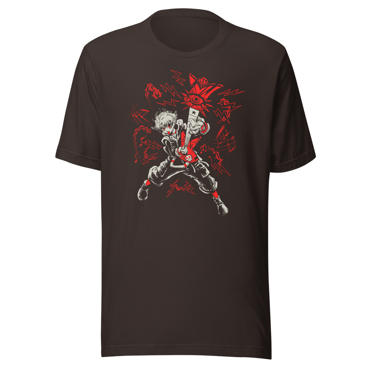 A fierce punk-inspired guitarist plays a red electric guitar in a dynamic pose, surrounded by lightning bolts, musical notes, and bold red-and-white graphics. The high-contrast artwork conveys rebellious energy and intense rock attitude.