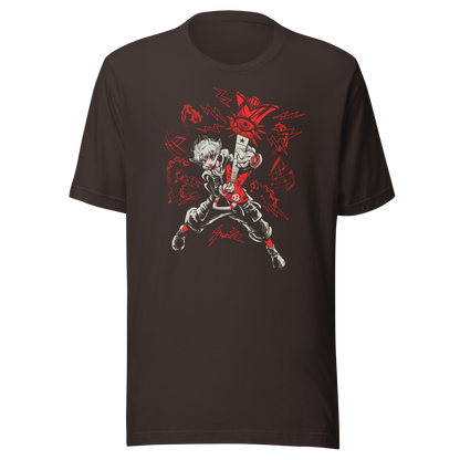 A fierce punk-inspired guitarist plays a red electric guitar in a dynamic pose, surrounded by lightning bolts, musical notes, and bold red-and-white graphics. The high-contrast artwork conveys rebellious energy and intense rock attitude.