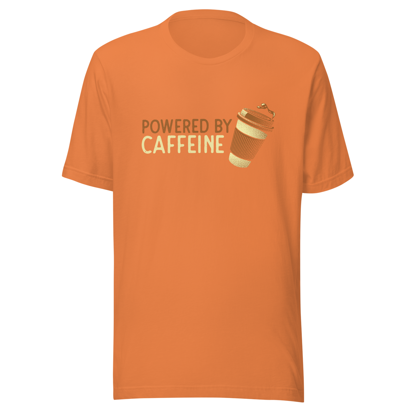 A steaming coffee cup tilts playfully beside the phrase “Powered by Caffeine,” written in bold, vintage-style lettering. This design perfectly captures the spirit of those who run entirely on coffee and determination. Ideal for caffeine lovers, coffee addicts and anyone who can’t start the day without their favorite brew.