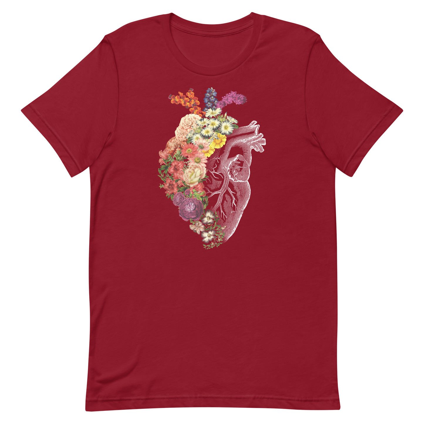 The design is an intricate and anatomical drawing of a human heart on a black background. The left side of the heart morphs into a vibrant assortment of colorful flowers, including roses, daisies, and other blooming blossoms, creating a striking contrast between the realistic and the surreal, symbolizing the harmony between nature and humanity.