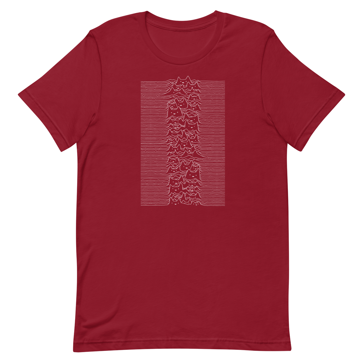 The drawing is a series of continuous wavy lines forming a pattern reminiscent of sound waves or topographic maps, but with an unexpected twist: the lines create the shapes of numerous cat faces stacked vertically. Each cat has simple, expressive features with pointed ears, adding a whimsical element to the otherwise structured pattern.