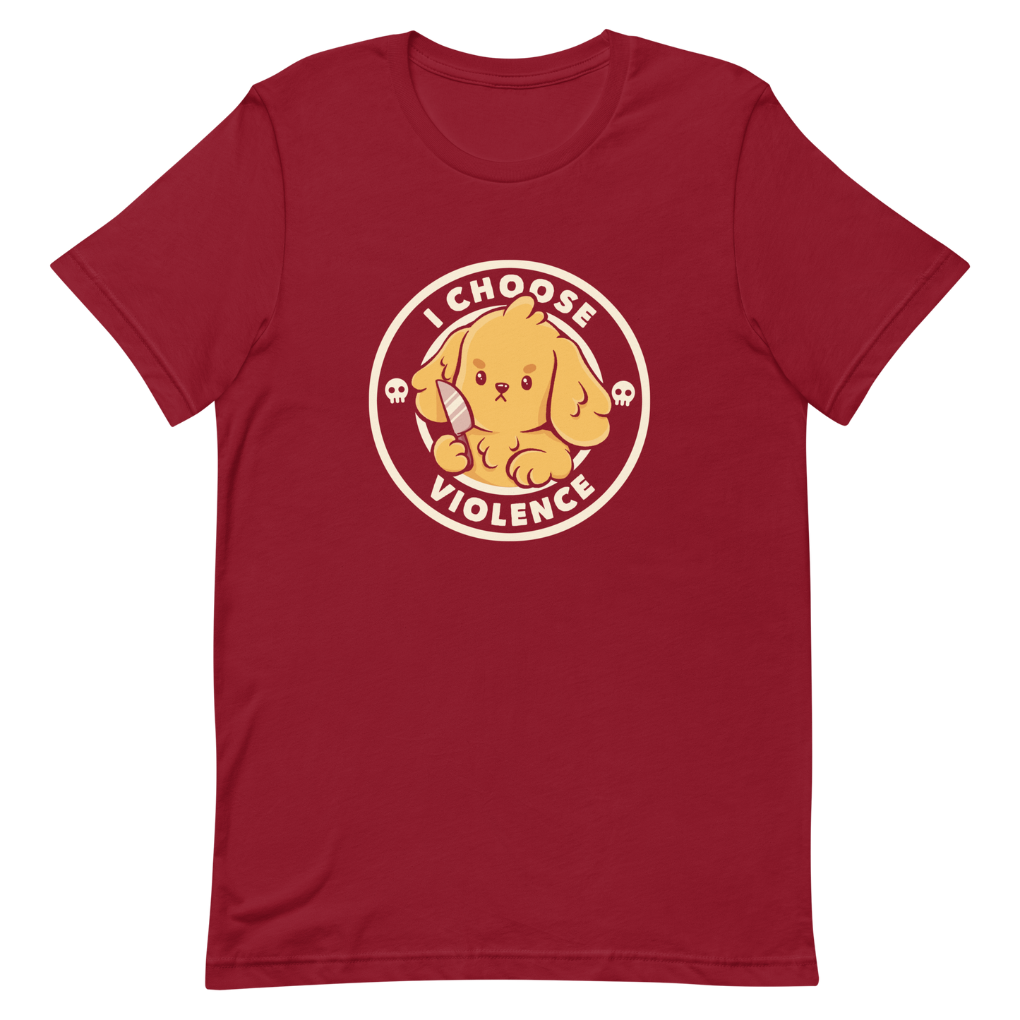 A cute yellow cartoon dog holds a small knife, surrounded by a circular logo that reads 'I Choose Violence'. The dog's expression is serious, yet the overall style is playful and cute. Two small skull icons are on either side, adding an ironic tone to the cheerful design.