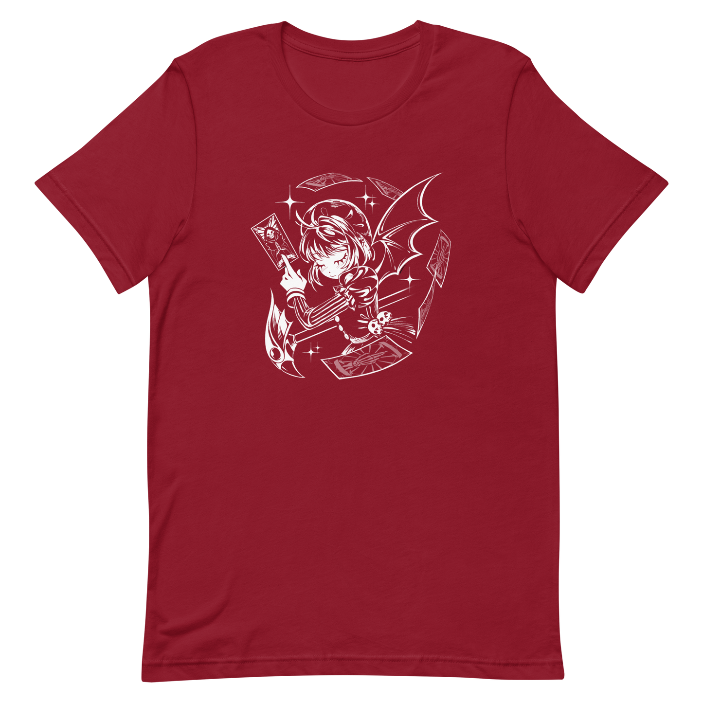 Black-and-white illustration of a gothic anime-style girl with bat wings, holding a magical card while floating cards swirl around her, along with sparkles and a stylized scepter.