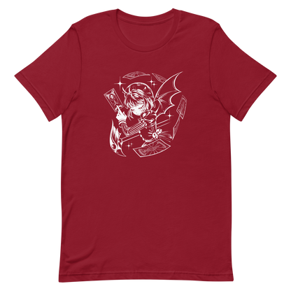 Black-and-white illustration of a gothic anime-style girl with bat wings, holding a magical card while floating cards swirl around her, along with sparkles and a stylized scepter.