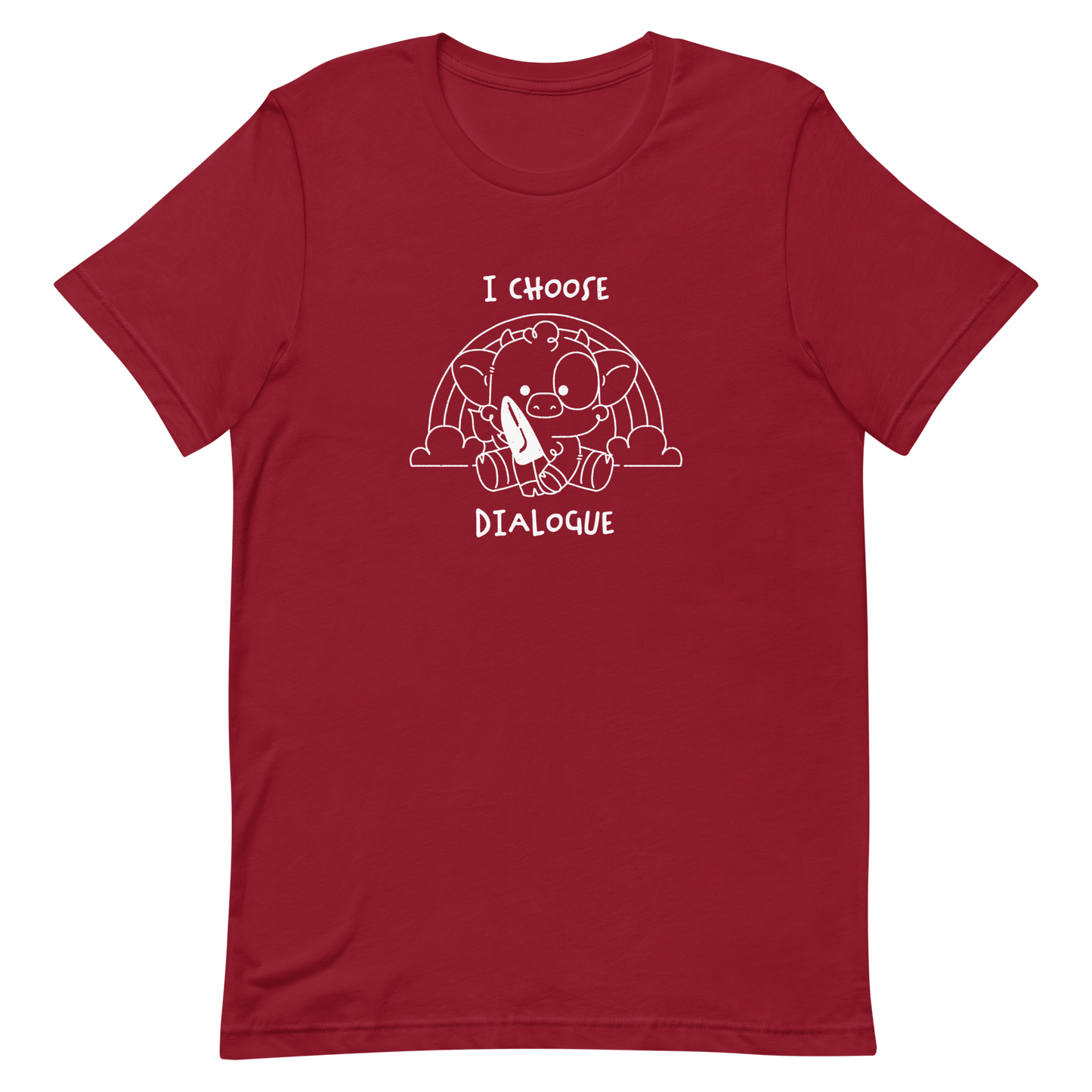 An adorable cow holds a knife while sitting in front of a rainbow, accompanied by the phrase “I Choose Dialogue.” This design combines sweetness and irony to create a fun and unexpected contrast. It’s a great gift for those who enjoy subtle humor and designs that combine cuteness with a touch of irreverence.