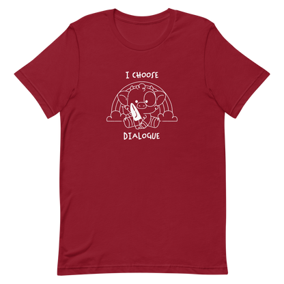 An adorable cow holds a knife while sitting in front of a rainbow, accompanied by the phrase “I Choose Dialogue.” This design combines sweetness and irony to create a fun and unexpected contrast. It’s a great gift for those who enjoy subtle humor and designs that combine cuteness with a touch of irreverence.