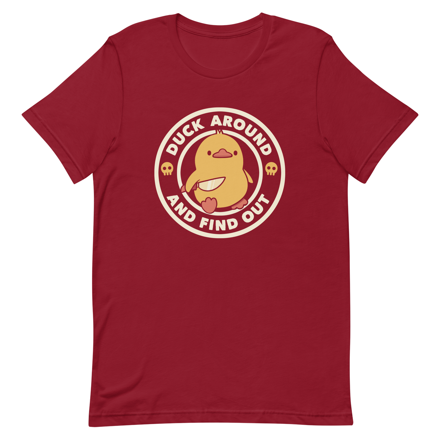 A cute yellow duck holding a small knife, around it the text "Duck Around And Find Out". An art that mixes humor with the temperament of ducks.