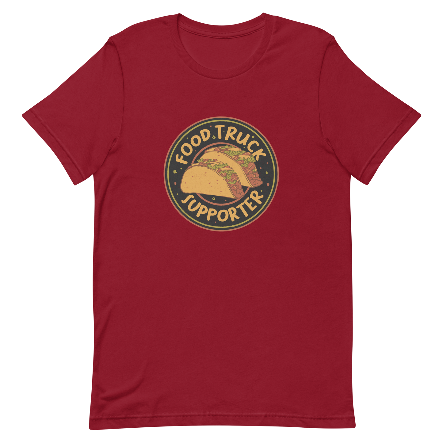 Two delicious tacos sit at the center of a bold circular badge under the phrase “Food Truck Supporter”. This design celebrates the love for street food and the joy of discovering amazing flavors on wheels. Perfect for foodies, taco lovers, and anyone who proudly supports their local food trucks.