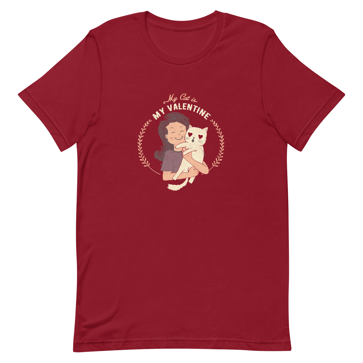 A cute illustration of a woman holding an adorable cat, paired with the phrase “My Cat Is My Valentine”. A sweet and relatable Valentine’s Day design for cat lovers.