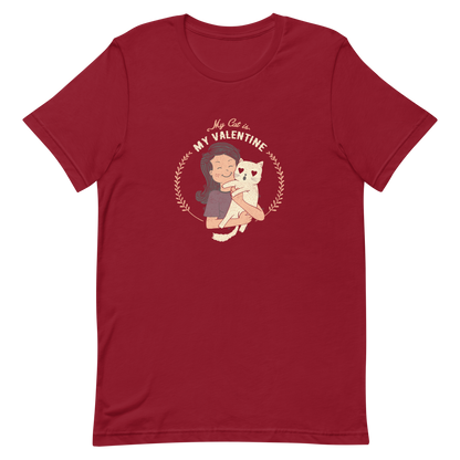 A cute illustration of a woman holding an adorable cat, paired with the phrase “My Cat Is My Valentine”. A sweet and relatable Valentine’s Day design for cat lovers.