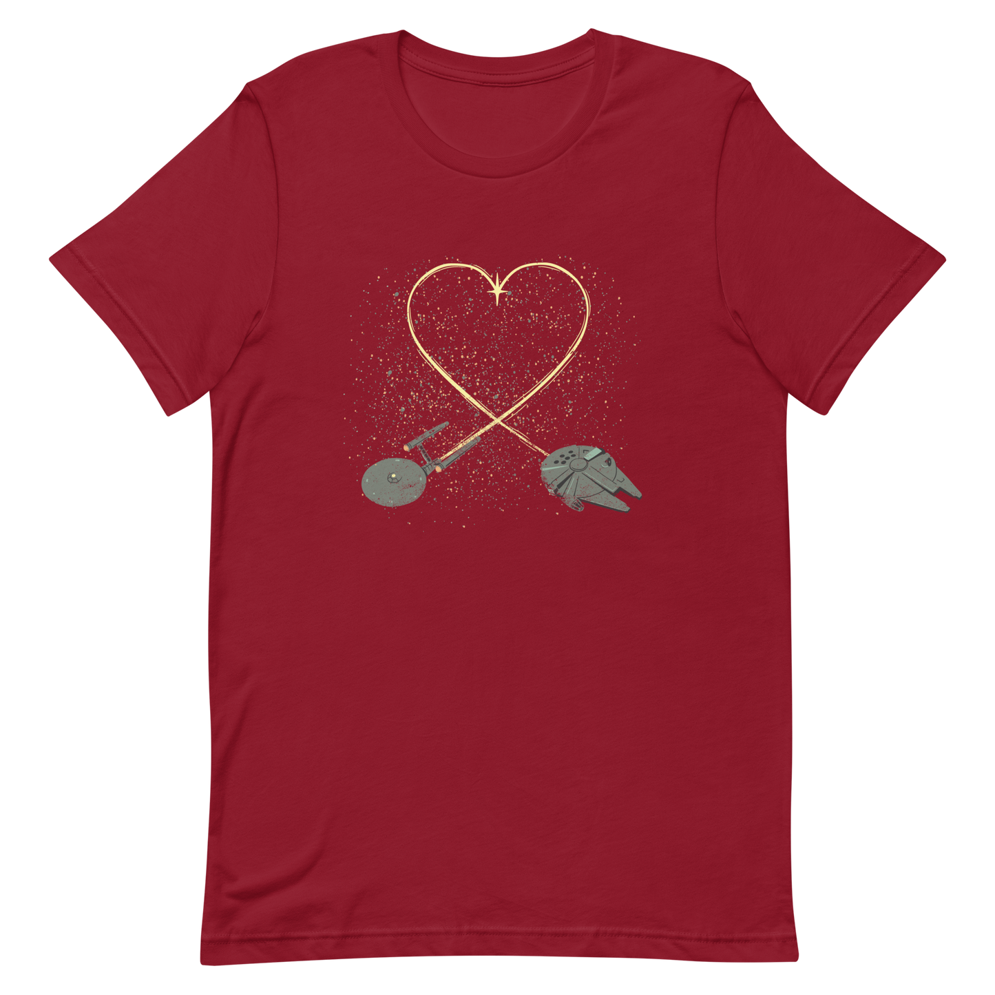 A romantic sci-fi illustration of two retro-inspired spaceships flying through space, their trails forming a heart shape. A subtle tribute to classic science fiction adventures, perfect for sci-fi fans who love a touch of romance.