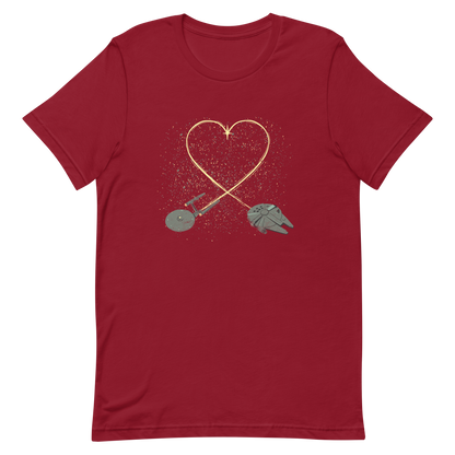 A romantic sci-fi illustration of two retro-inspired spaceships flying through space, their trails forming a heart shape. A subtle tribute to classic science fiction adventures, perfect for sci-fi fans who love a touch of romance.