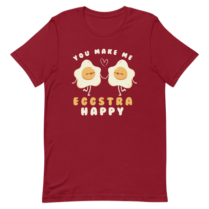 A fun and cute art of two bouncy starry eggs as if they were lovers, next to them the phrase "You make me eggstra happy". A humorous gift that combines love and eggs.