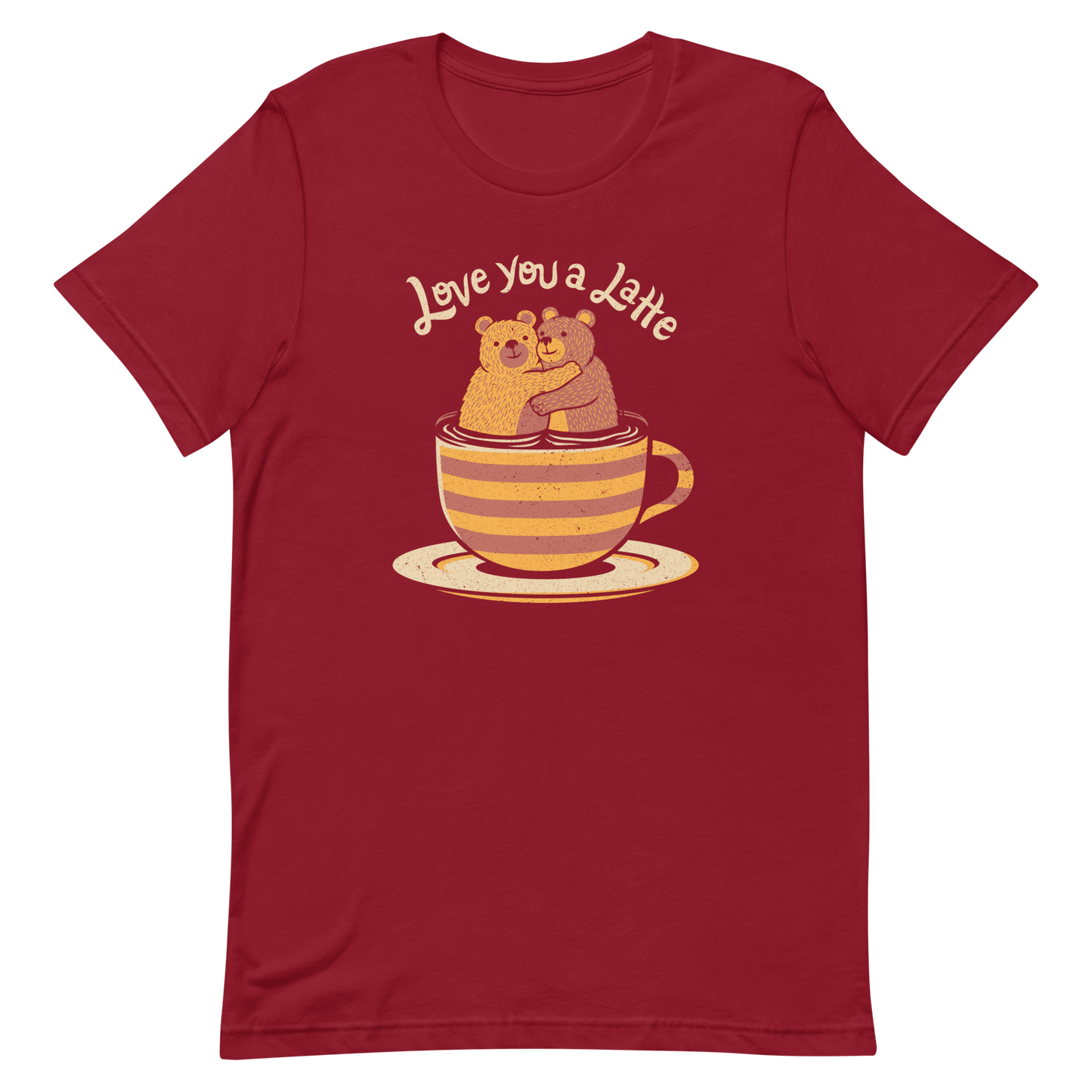 A cute Valentine’s Day illustration featuring two teddy bears hugging inside a cup of black coffee, paired with the phrase “I Love You a Latte”. A sweet and cosy design for coffee lovers, bear fans, and anyone who enjoys playful, romantic humour.

