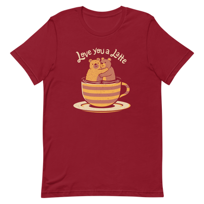 A cute Valentine’s Day illustration featuring two teddy bears hugging inside a cup of black coffee, paired with the phrase “I Love You a Latte”. A sweet and cosy design for coffee lovers, bear fans, and anyone who enjoys playful, romantic humour.

