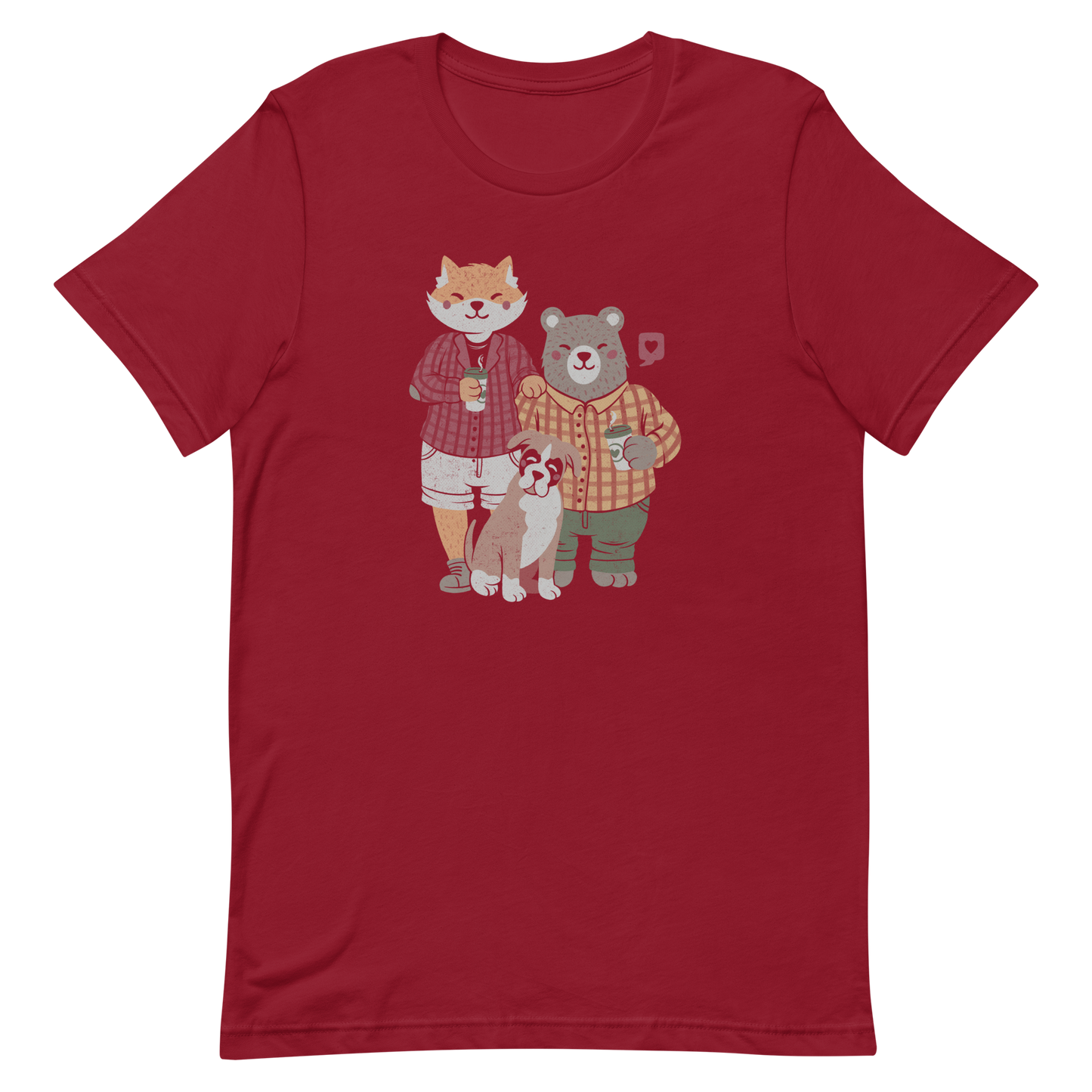 A beautiful family made up of a little red fox, a gray bear wearing plaid shirts and having a coffee with their boxer dog. An art that shows that families can be different what matters is love.