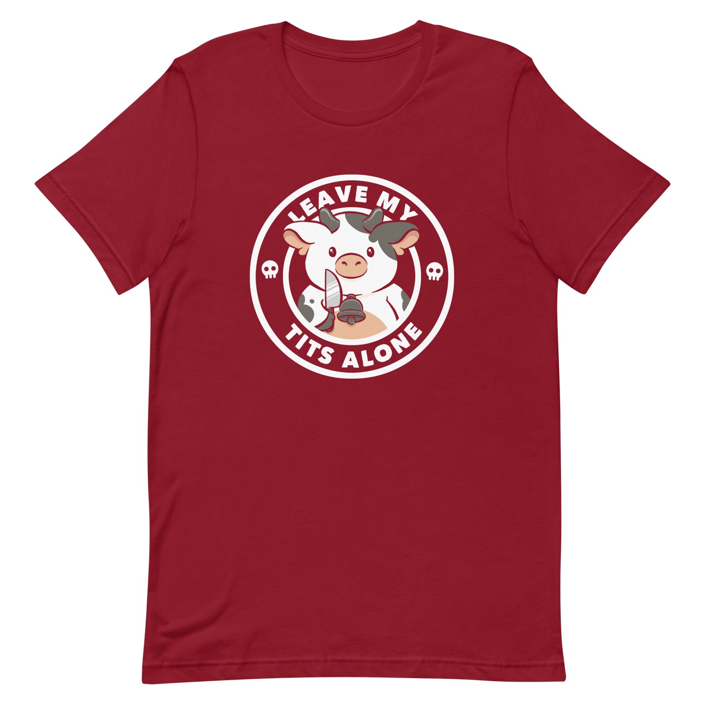 A quirky stamp-style design featuring a cute spotted cow holding a knife with the phrase “Leave My Tits Alone.” It mixes humor, attitude, and a playful call for animal respect. Perfect for cow lovers, fans of sassy humor, and anyone who supports animal rights.