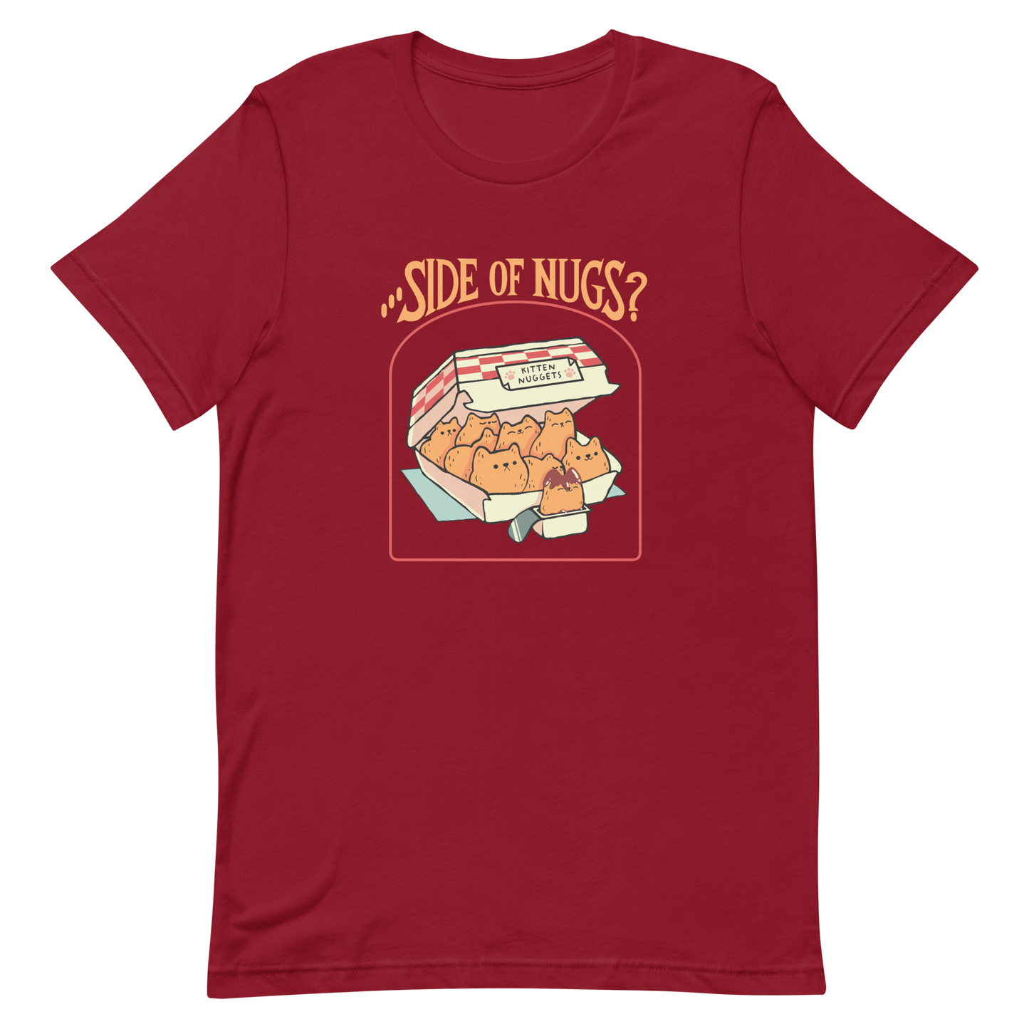 A box of cute, cat-shaped chicken nuggets, with the text "side of nugs?" on top. A work of art that blends humor, kittens, and fast food.