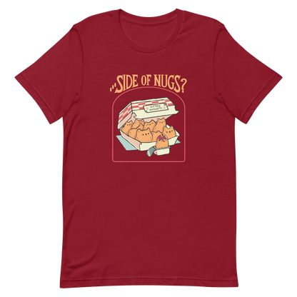A box of cute, cat-shaped chicken nuggets, with the text "side of nugs?" on top. A work of art that blends humor, kittens, and fast food.