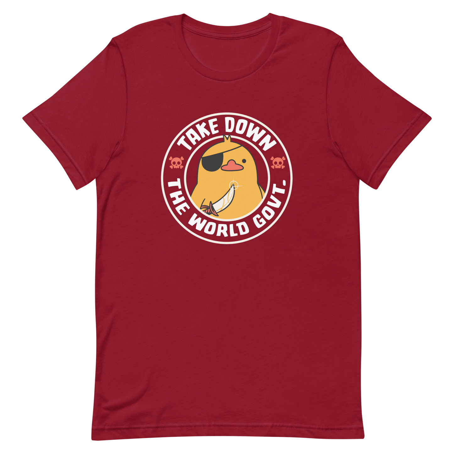 A stamp-like design featuring a fearless duck wearing an eyepatch and wielding a sword, with the words “Take Down The World Govt.” written around it. This artwork represents rebellion and independence for those who refuse to follow rules . Ideal for free-spirited people, pirate adventures appreciators, duck lovers or those who simply enjoy unique and irreverent art.