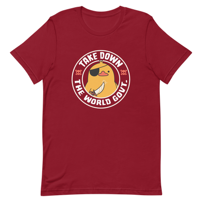 A stamp-like design featuring a fearless duck wearing an eyepatch and wielding a sword, with the words “Take Down The World Govt.” written around it. This artwork represents rebellion and independence for those who refuse to follow rules . Ideal for free-spirited people, pirate adventures appreciators, duck lovers or those who simply enjoy unique and irreverent art.