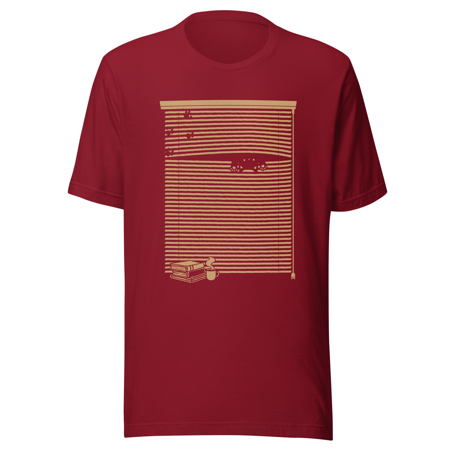 A Venetian blind with a stack of books in front of it and a small black cat peeking through a gap as if spying on the outside world. A charming and playful piece of art, perfect for cat owners, book lovers, and anyone who enjoys cozy, whimsical illustrations.