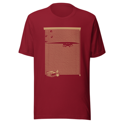 A Venetian blind with a stack of books in front of it and a small black cat peeking through a gap as if spying on the outside world. A charming and playful piece of art, perfect for cat owners, book lovers, and anyone who enjoys cozy, whimsical illustrations.