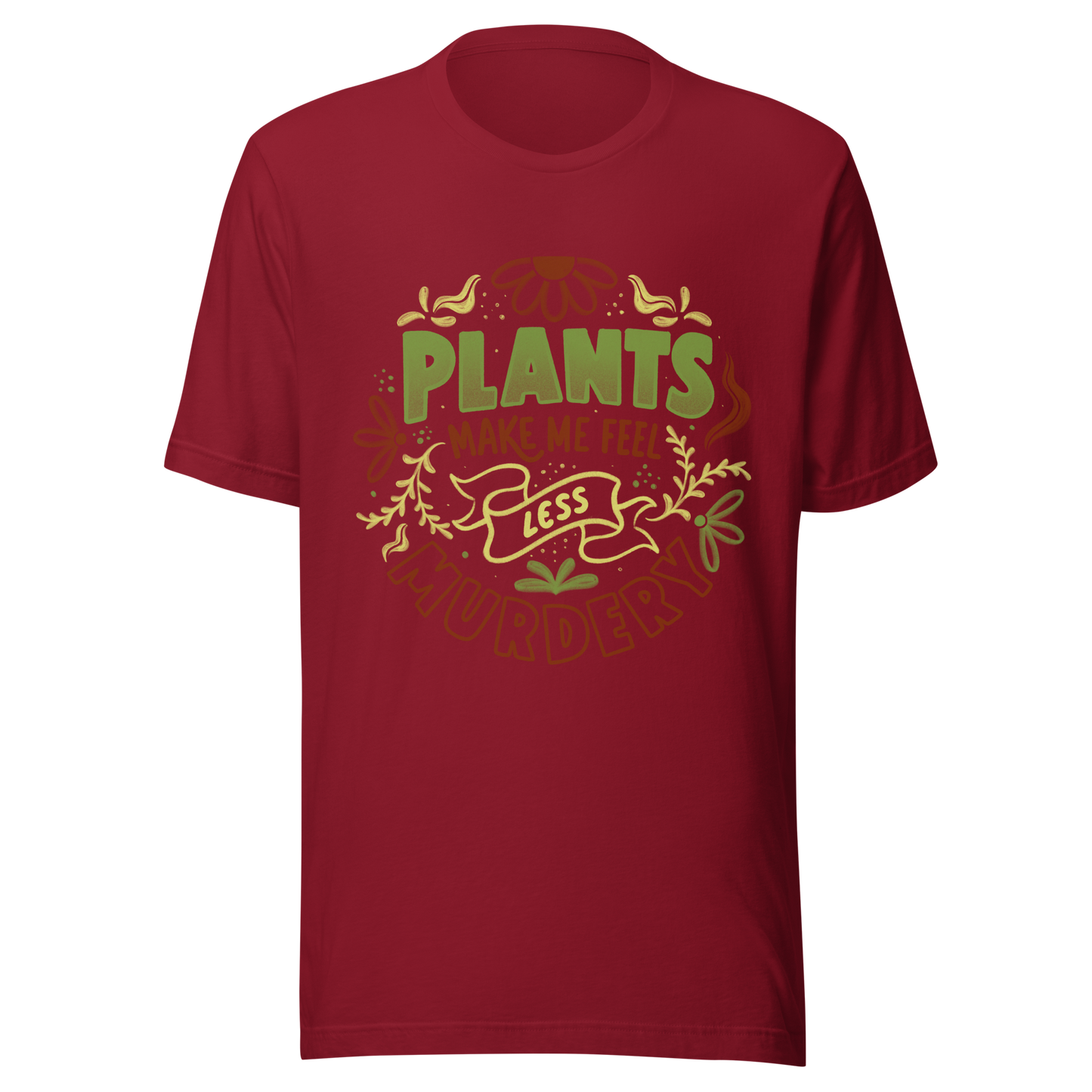 This design features leaves and flowers surrounding the bold and humorous phrase ‘Plants Make Me Feel Less Murdery’. It blends cute imagery with acerbic humour, capturing the idea that plants can soothe even the most chaotic moods. Ideal for plant parents who appreciate a clever and slightly sarcastic take on emotional honesty.