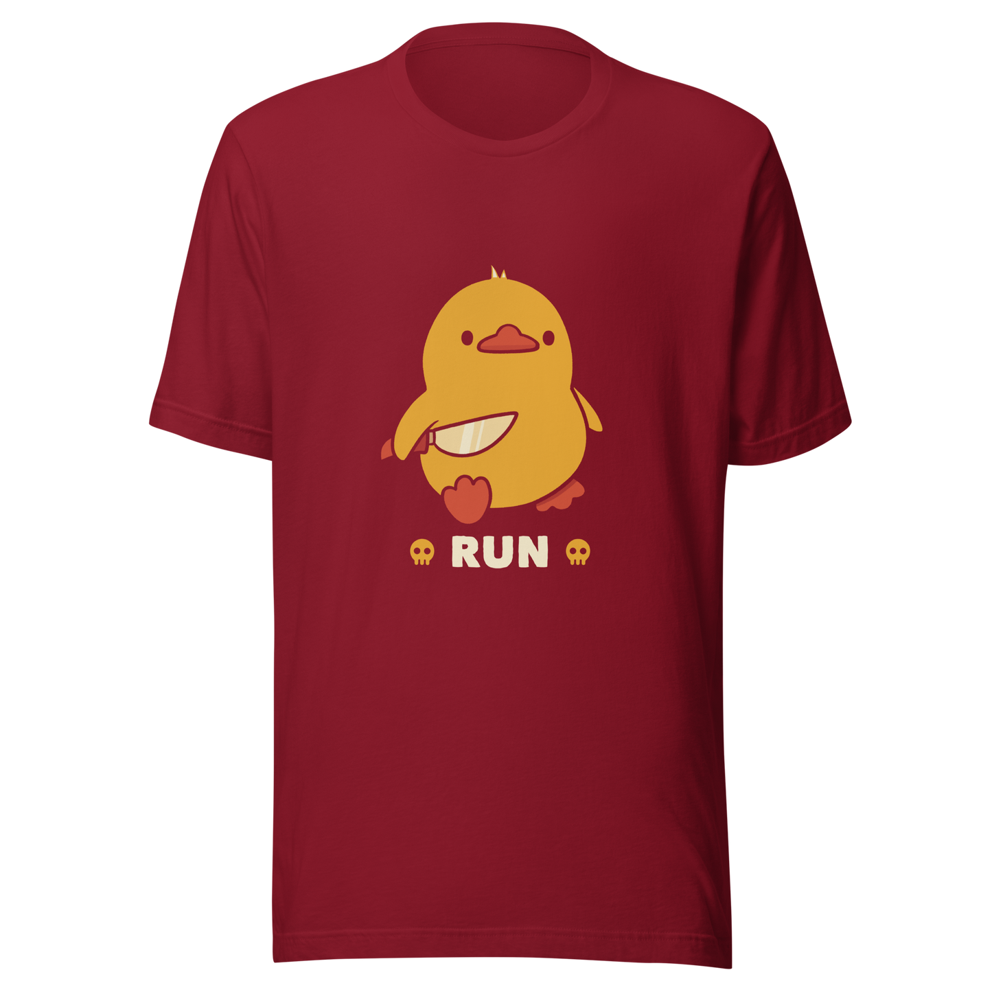 A cute yellow duck holding a small knife, with the text "Run" below it. This artwork blends humor with the ducks temperament.