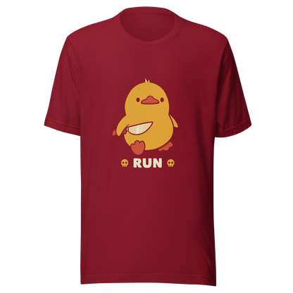 A cute yellow duck holding a small knife, with the text "Run" below it. This artwork blends humor with the ducks temperament.