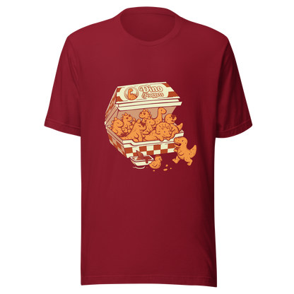 A box with the "Dino Nuggets" logo filled with crispy, golden nuggets shaped like various dinosaurs and a chicken. This design blends humor and creativity in a playful take on this beloved snack. Perfect for pop culture fans, food lovers, or anyone looking for an original gift.