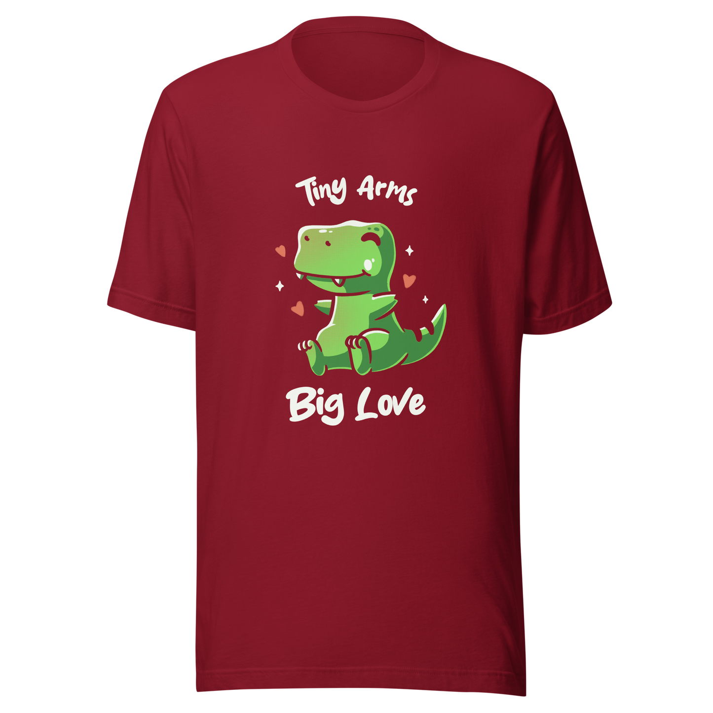 An adorable T-Rex appears in the center, with its short arms and cute smile. This design plays with the contrast between the dinosaur's ferocity and the phrase "Tiny arms, big love," delivering humor and affection. Perfect for those who love geeky, fun, and personality-filled prints, especially dinosaur fans and those with a soft heart.