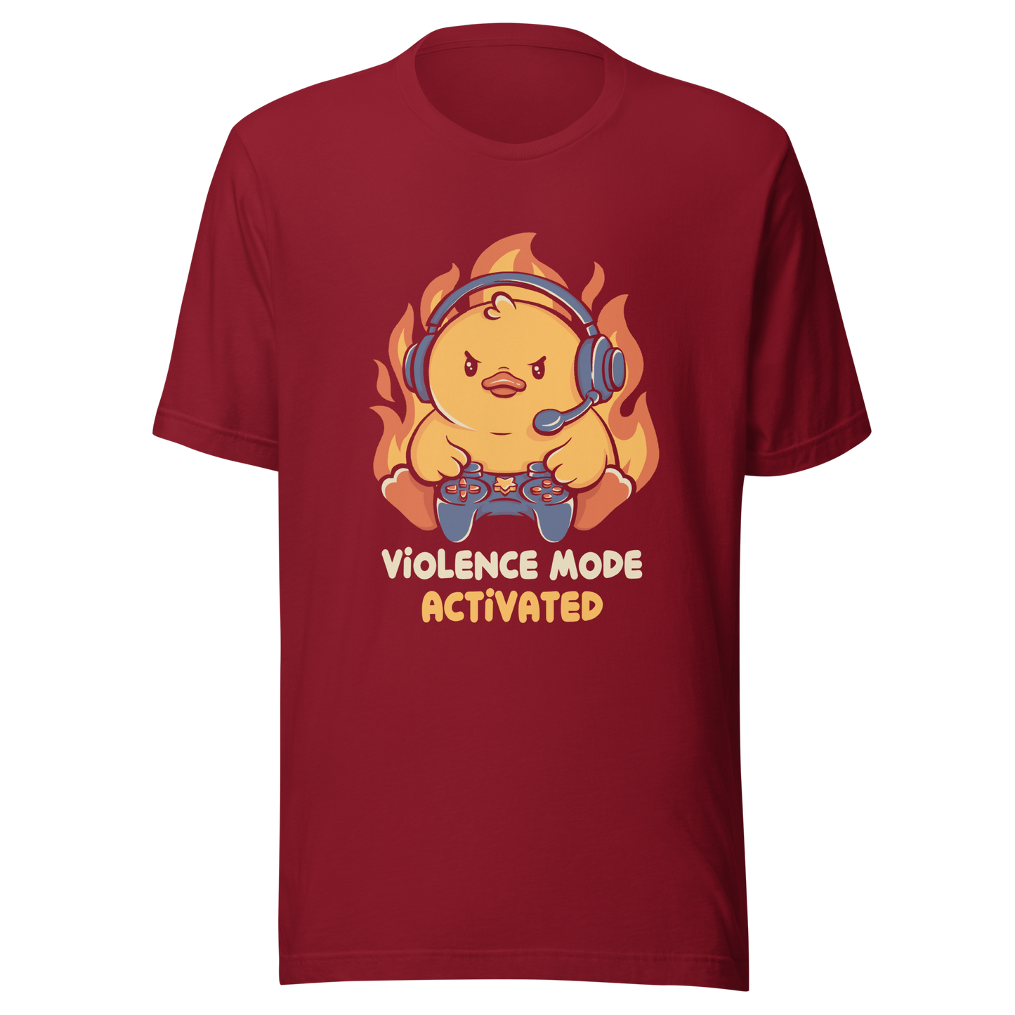 A determined duck, with flames behind it, wearing a gaming headset and holding a controller with intense focus. This design captures the humorous intensity of going full "violence mode" during competitive matches. Perfect for gamers, streamers, and fans of bold and fun geek designs.
