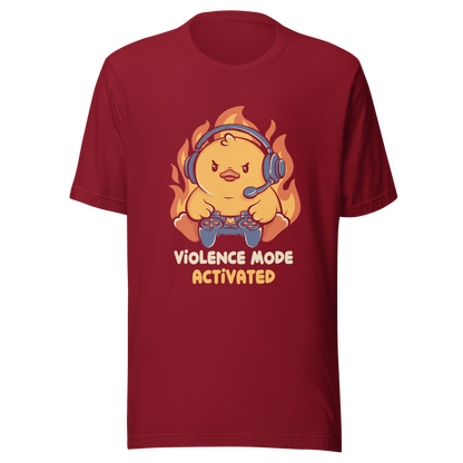 A determined duck, with flames behind it, wearing a gaming headset and holding a controller with intense focus. This design captures the humorous intensity of going full "violence mode" during competitive matches. Perfect for gamers, streamers, and fans of bold and fun geek designs.