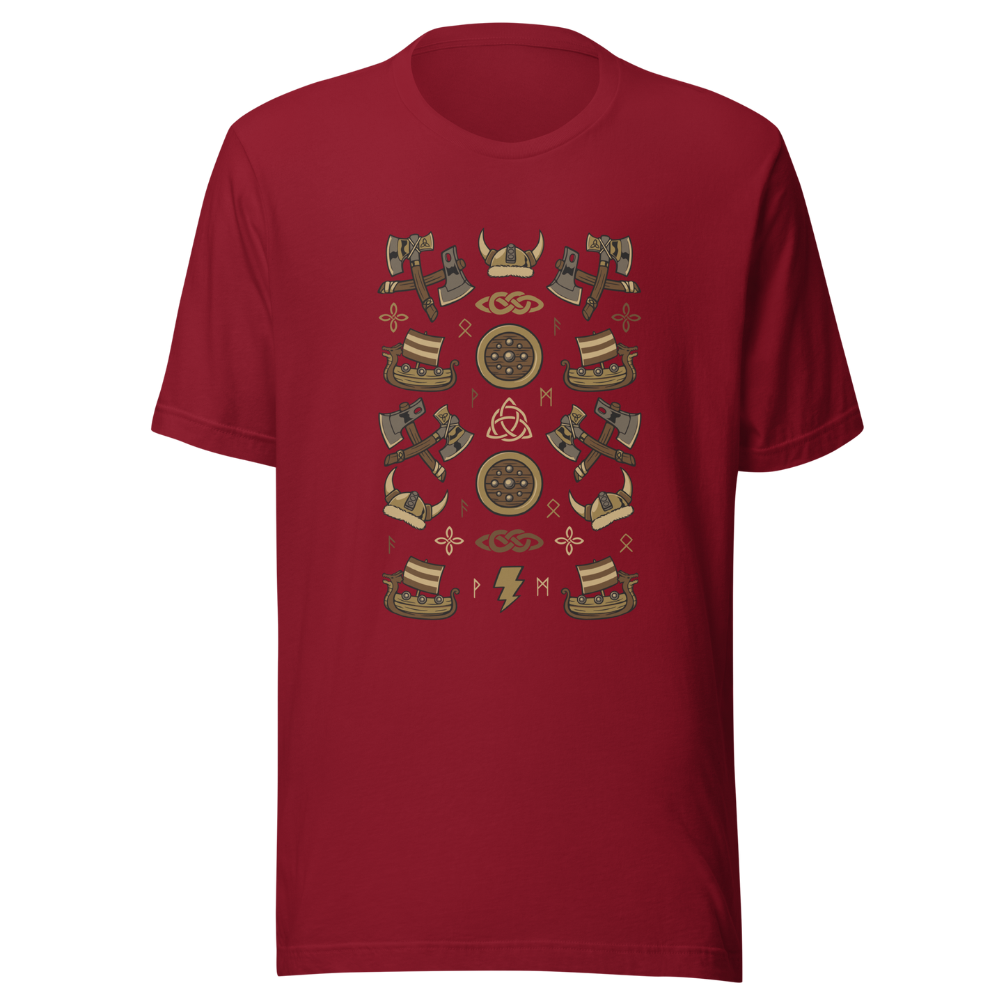 The artwork features a symmetrical illustration with axes, wooden shields, Viking helmets, longships, and runes in earthy tones on a dark background. Each element reinforces the classic Nordic aesthetic, blending iconic symbols with a detailed and super harmonious cartoon style. Perfect for fans of Viking culture, Norse mythology, RPGs, and anyone who loves prints with an epic and stylized vibe.