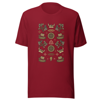 The artwork features a symmetrical illustration with axes, wooden shields, Viking helmets, longships, and runes in earthy tones on a dark background. Each element reinforces the classic Nordic aesthetic, blending iconic symbols with a detailed and super harmonious cartoon style. Perfect for fans of Viking culture, Norse mythology, RPGs, and anyone who loves prints with an epic and stylized vibe.