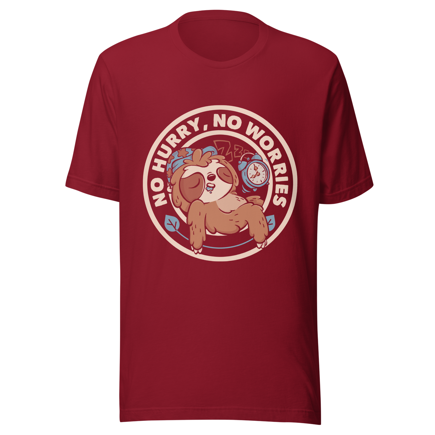 This cute artwork features a sleepy sloth wearing a sleeping cap with an alarm clock next to it and the phrase "no hurry, no worries" around it. This design celebrates the pleasure of slowing down and living without haste. Perfect for those who love light vibes, lazy humor, and prints that embrace a tired soul.