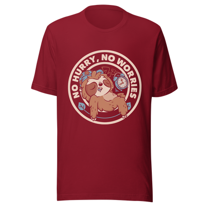 This cute artwork features a sleepy sloth wearing a sleeping cap with an alarm clock next to it and the phrase "no hurry, no worries" around it. This design celebrates the pleasure of slowing down and living without haste. Perfect for those who love light vibes, lazy humor, and prints that embrace a tired soul.